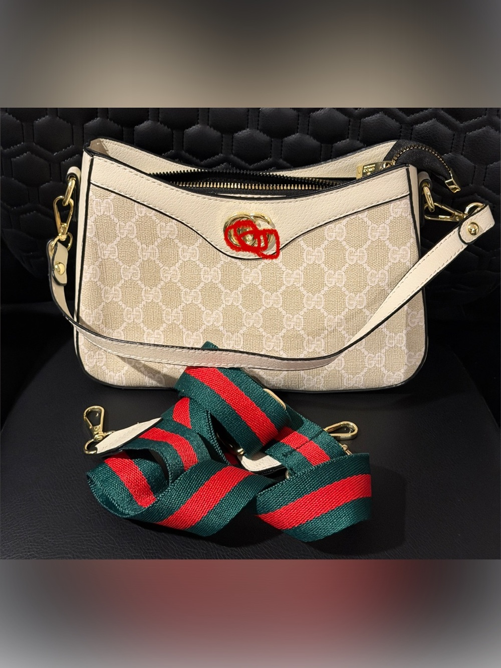 Beige Supreme Shoulder Bag with Green & Red Web Strap